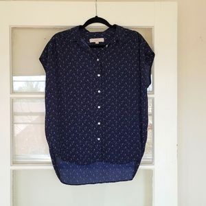 Loft cap sleeve navy print button down